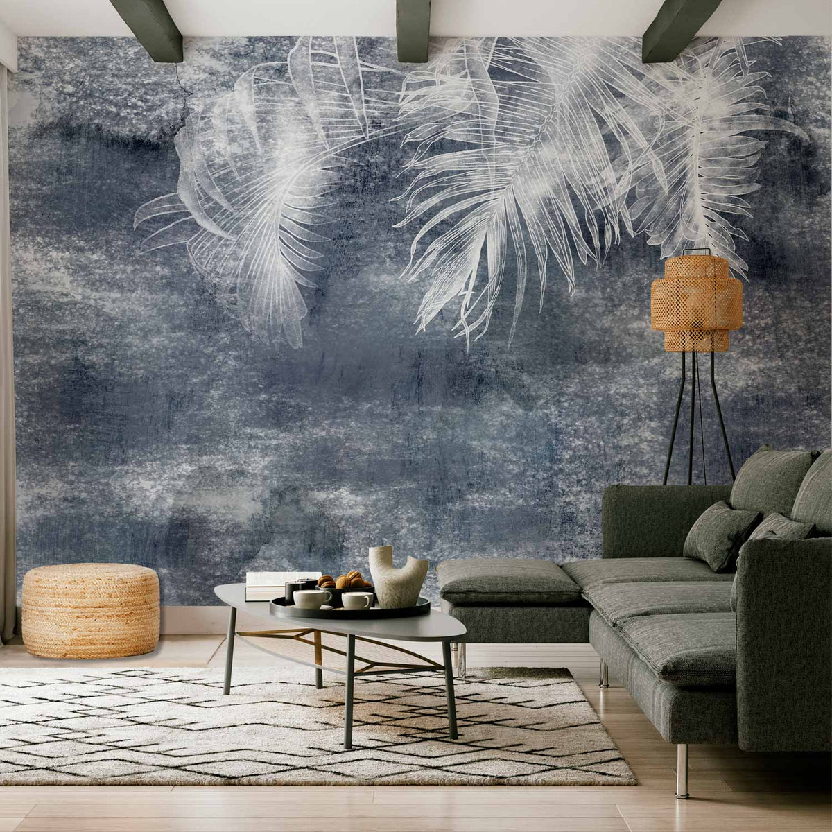 Fotobehang Abstraction with nature - exotic leaves on a blue background with pattern