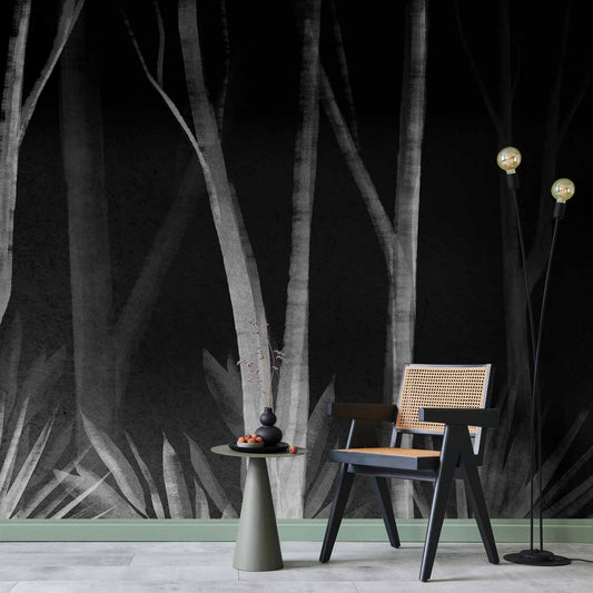 Fotobehang Noise of the forest at night - minimalist landscape of white trees on a black background
