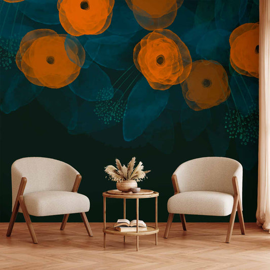 Fotobehang Watercolour composition - orange patterns on a delicate leaf background
