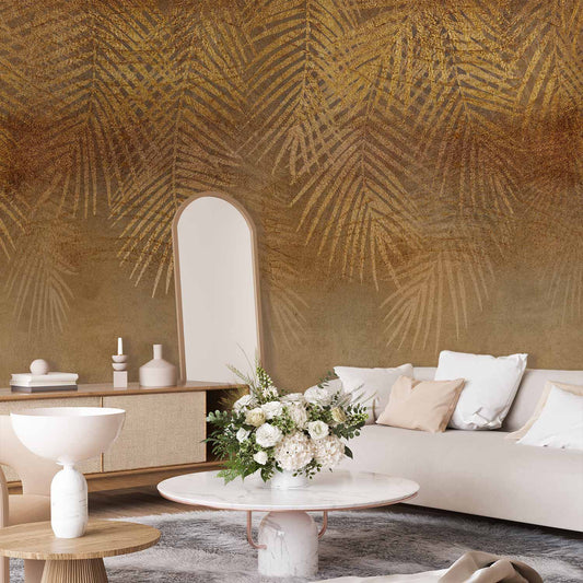 Fotobehang Abstract nature in beige - composition with golden exotic leaves