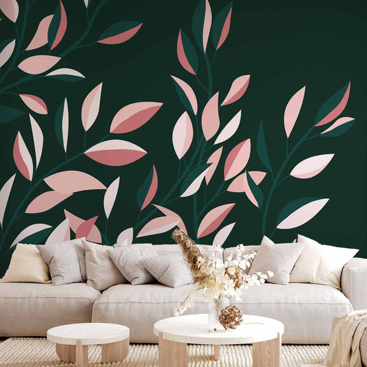 Fotobehang Flowering vine - minimalist climbing leaves on a green background