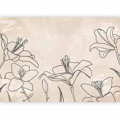 Fotobehang Sketch of nature - minimalist lineart with lily flowers on a beige background