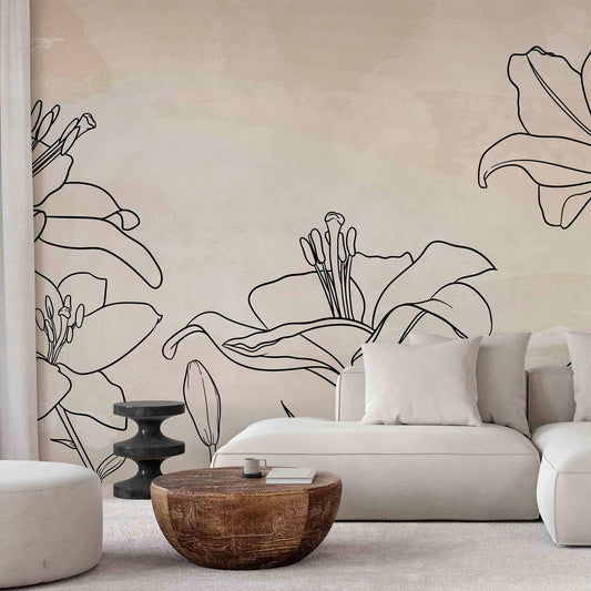 Fotobehang Sketch of nature - minimalist lineart with lily flowers on a beige background