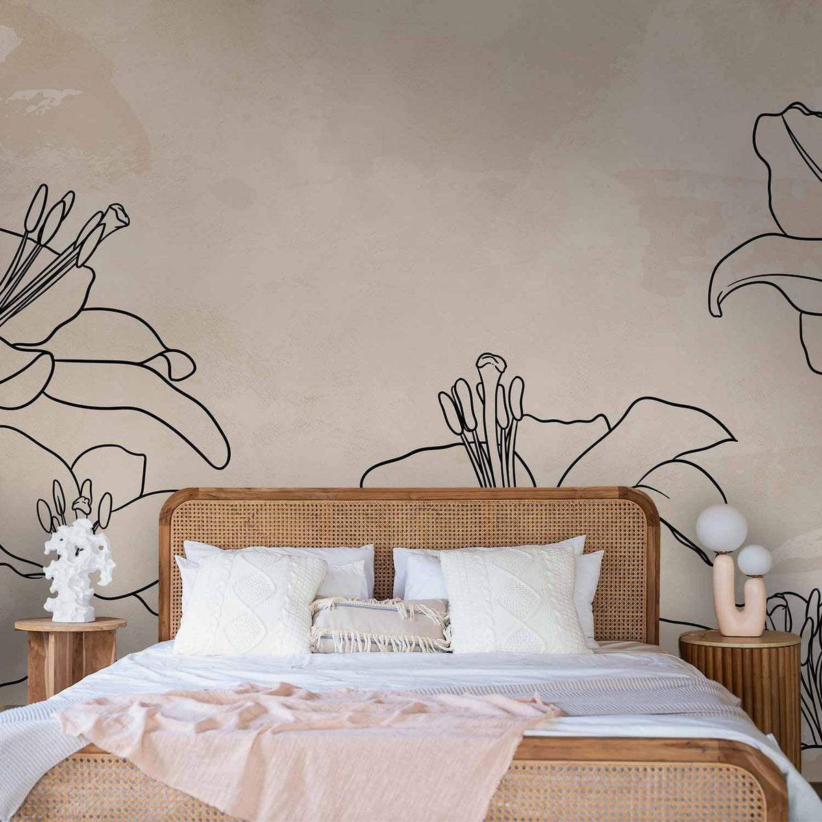 Fotobehang Sketch of nature - minimalist lineart with lily flowers on a beige background