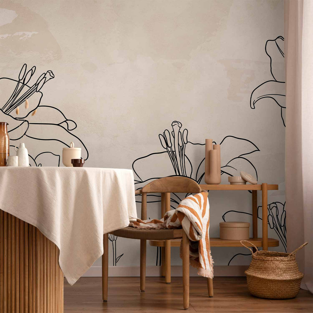 Fotobehang Sketch of nature - minimalist lineart with lily flowers on a beige background