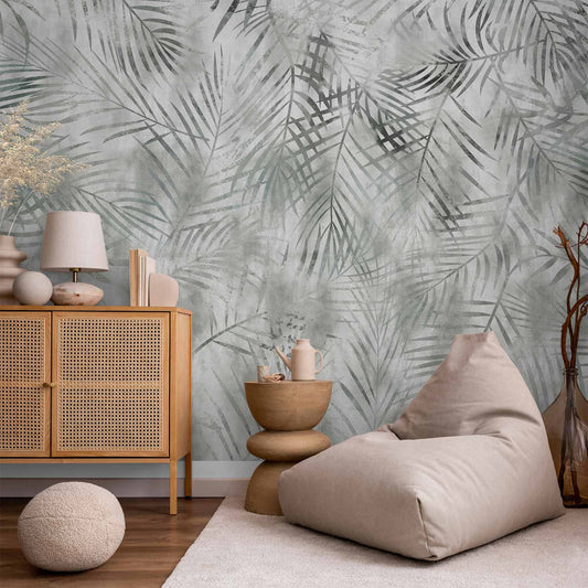 Fotobehang Minimalist landscape - nature motif with grey exotic leaves