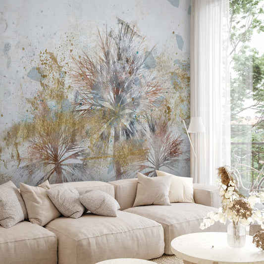 Fotobehang Grey palms - plant motif in an abstract composition with patterns