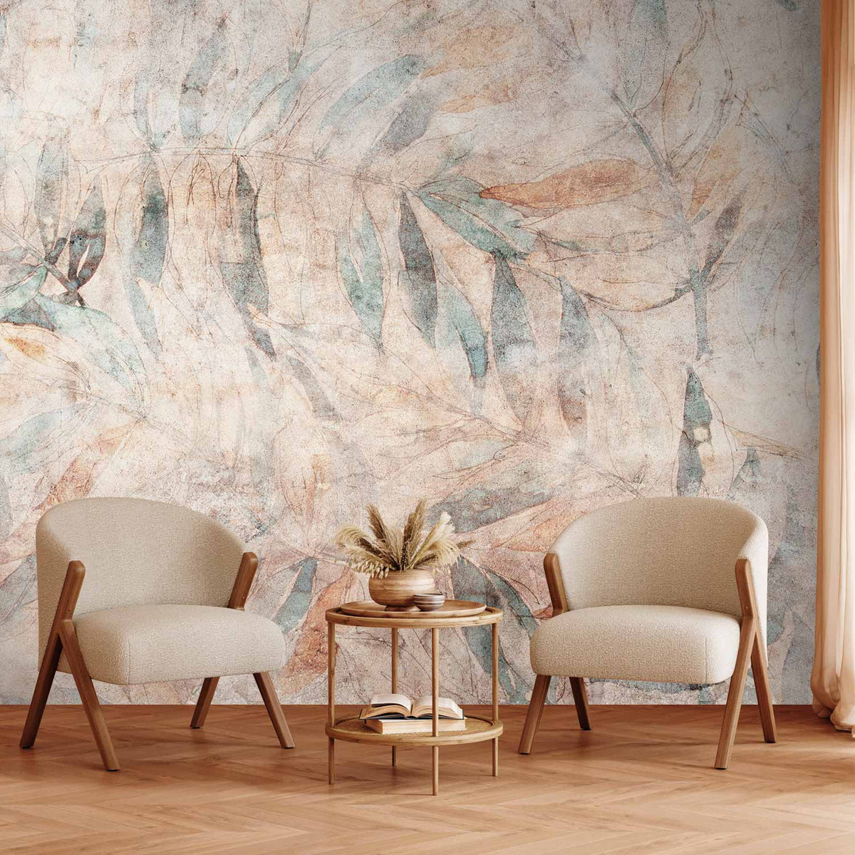 Fotobehang Greek laurels - faded composition with leaves on a beige patterned background