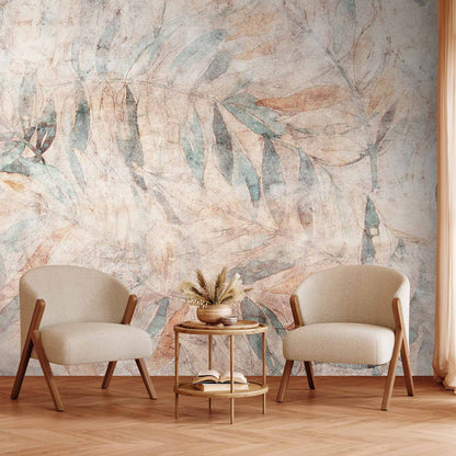 Fotobehang Greek laurels - faded composition with leaves on a beige patterned background