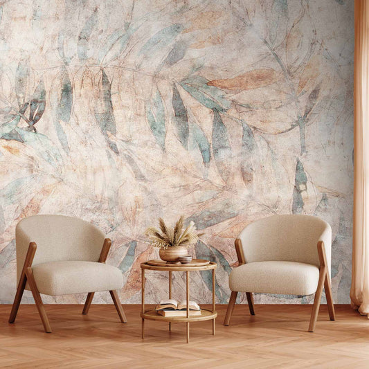Fotobehang Greek laurels - faded composition with leaves on a beige patterned background