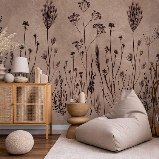 Fotobehang Wildflowers – black plants on lime-wash background