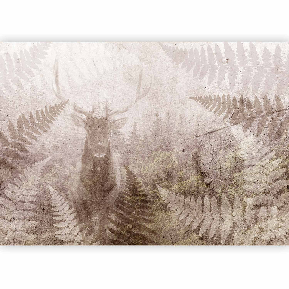 Fotobehang Forest motif - deer with antlers among fern leaves on concrete pattern
