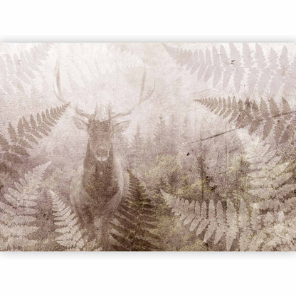 Fotobehang Forest motif - deer with antlers among fern leaves on concrete pattern