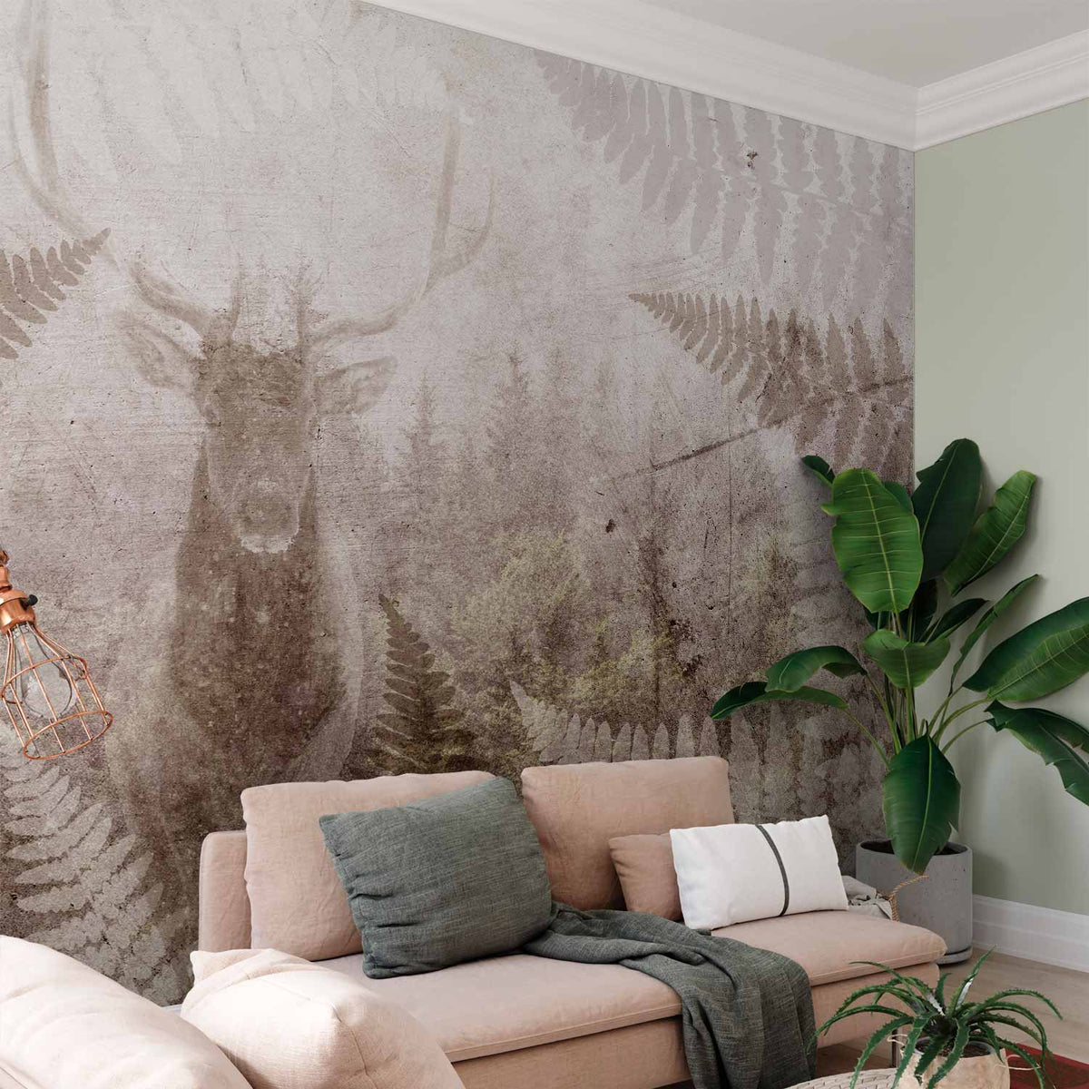 Fotobehang Forest motif - deer with antlers among fern leaves on concrete pattern