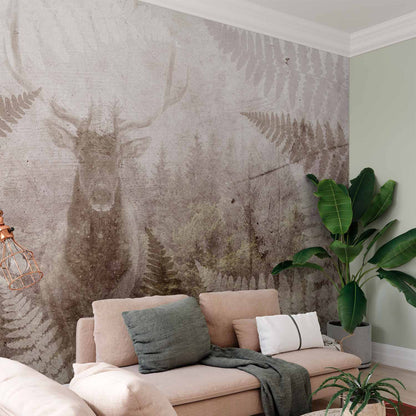 Fotobehang Forest motif - deer with antlers among fern leaves on concrete pattern