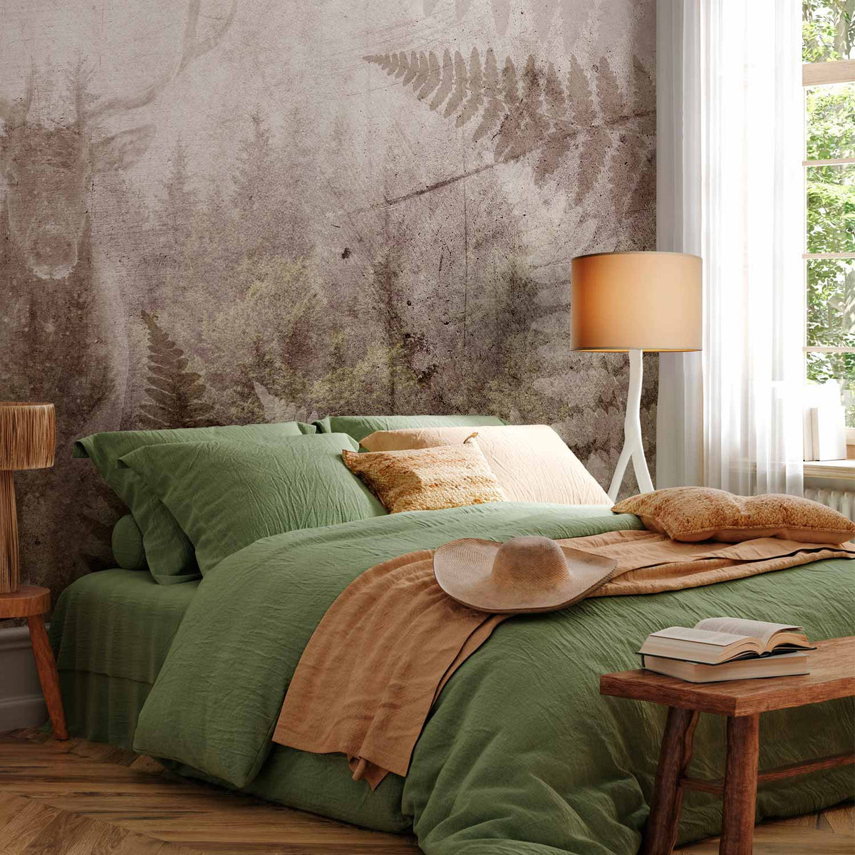 Fotobehang Forest motif - deer with antlers among fern leaves on concrete pattern