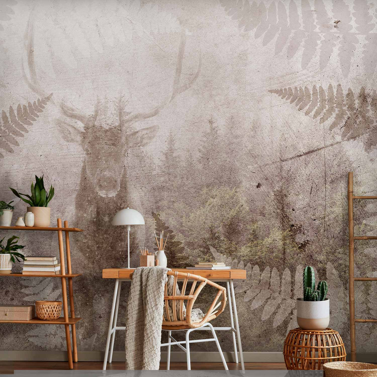 Fotobehang Forest motif - deer with antlers among fern leaves on concrete pattern