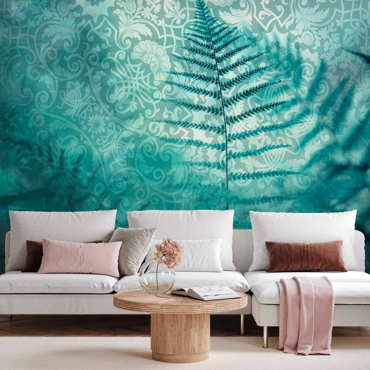 Fotobehang In a forest retreat - abstract composition with ferns and patterns