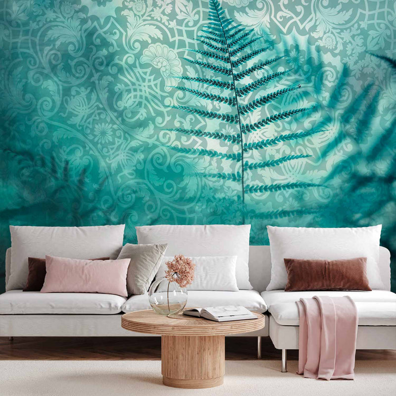 Fotobehang In a forest retreat - abstract composition with ferns and patterns