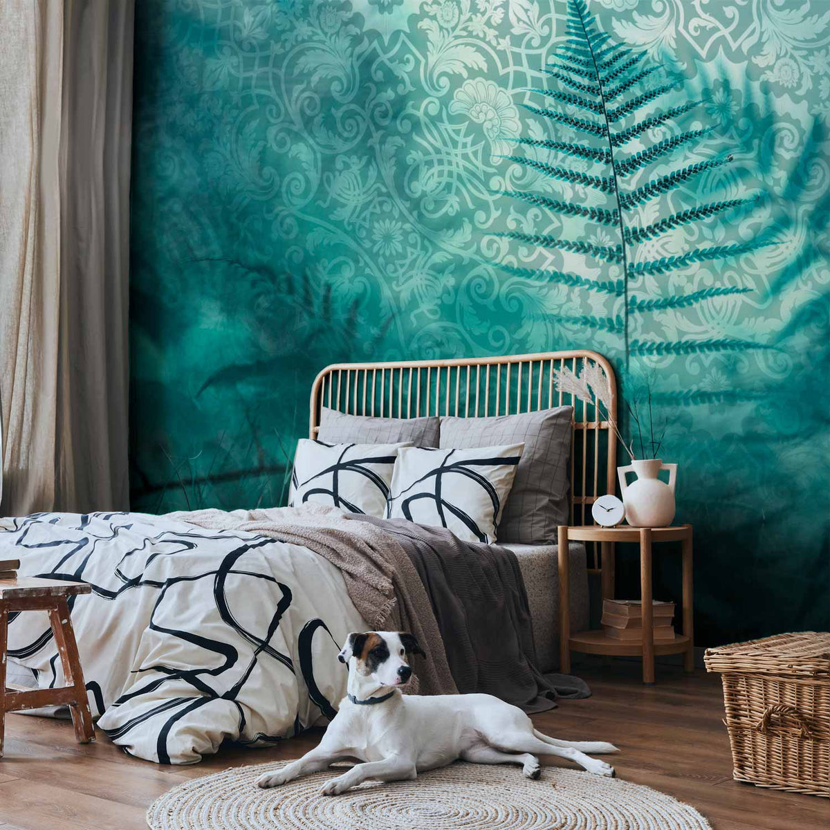 Fotobehang In a forest retreat - abstract composition with ferns and patterns