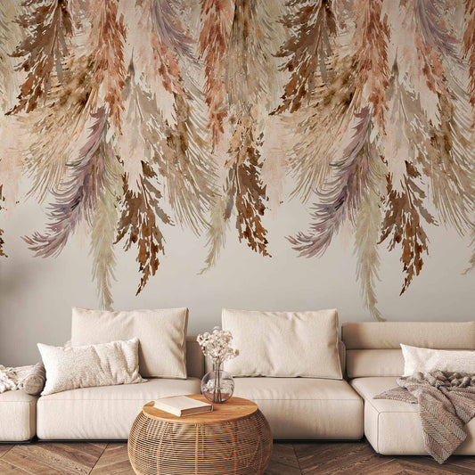 Fotobehang Minimalist boho landscape - dangling leaves in beige colours
