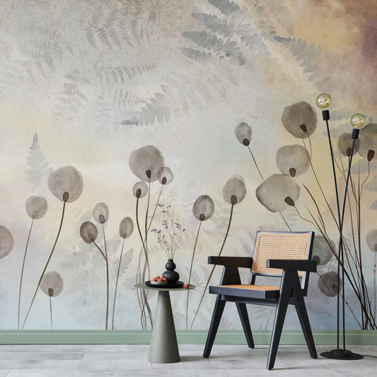 Fotobehang Minimalist meadow - floral motif in light shades with reflections