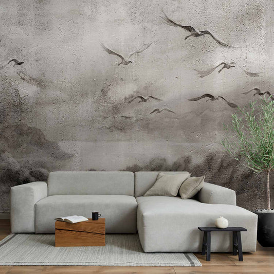 Fotobehang Swan flight - abstract landscape of birds over a lake with texture