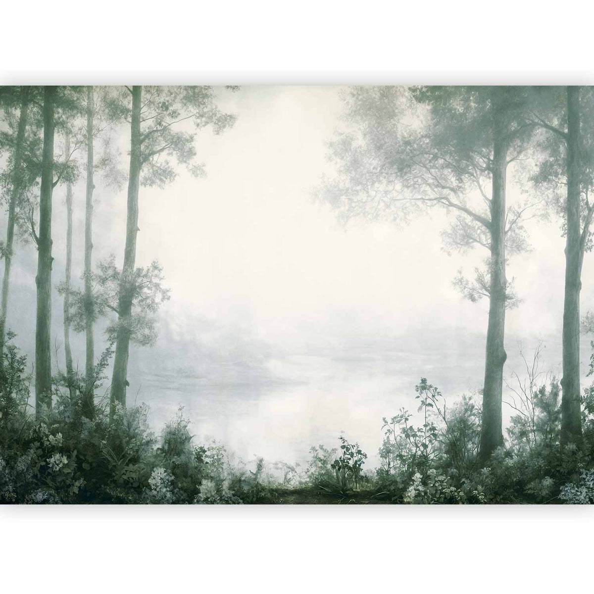 Fotobehang Retro Landscape - Grove Trees and Pond in Patinated Shades of Green