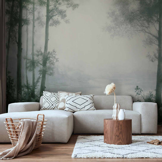 Fotobehang Retro Landscape - Grove Trees and Pond in Patinated Shades of Green