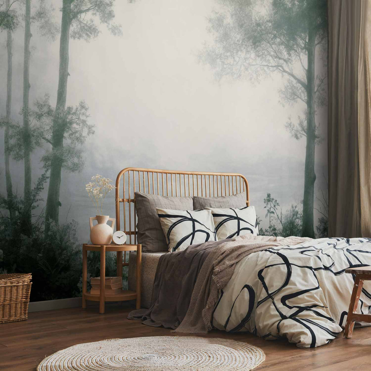 Fotobehang Retro Landscape - Grove Trees and Pond in Patinated Shades of Green