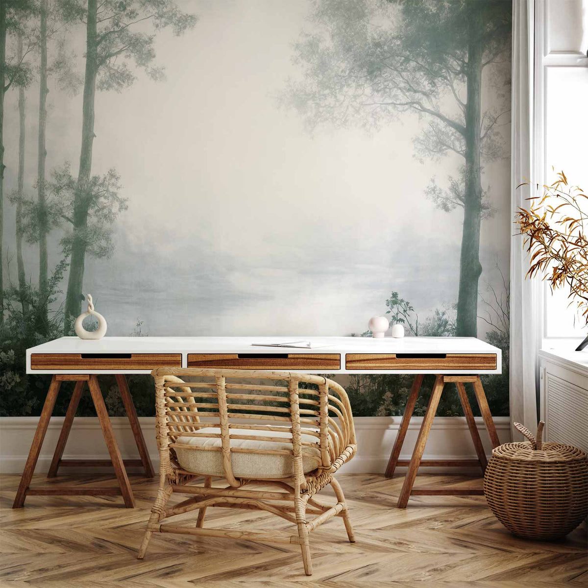 Fotobehang Retro Landscape - Grove Trees and Pond in Patinated Shades of Green