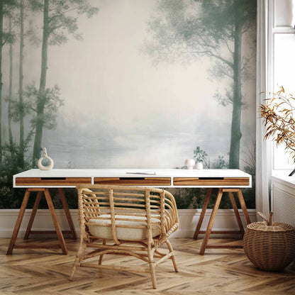 Fotobehang Retro Landscape - Grove Trees and Pond in Patinated Shades of Green