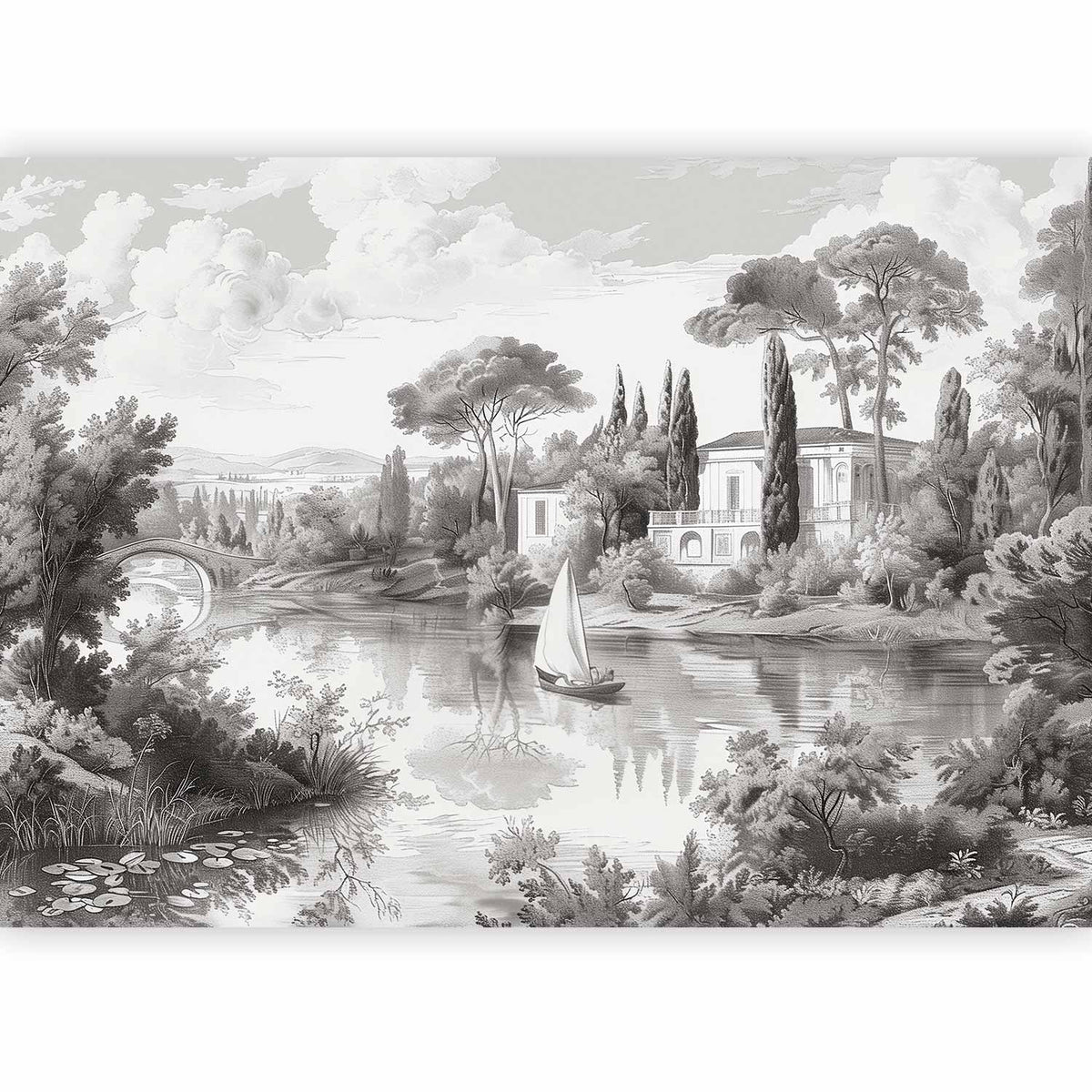 Fotobehang Black and White Vintage Landscape Retro View of a Pond with a Boat