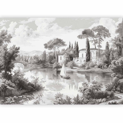 Fotobehang Black and White Vintage Landscape Retro View of a Pond with a Boat