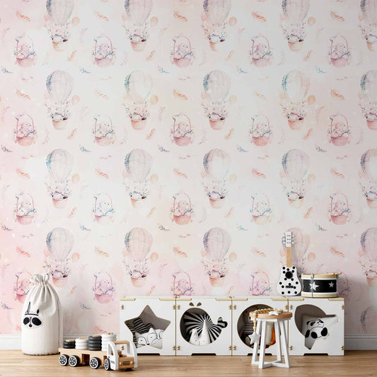 Fotobehang Solid pattern with feathers - hares in a basket and in a balloon for children