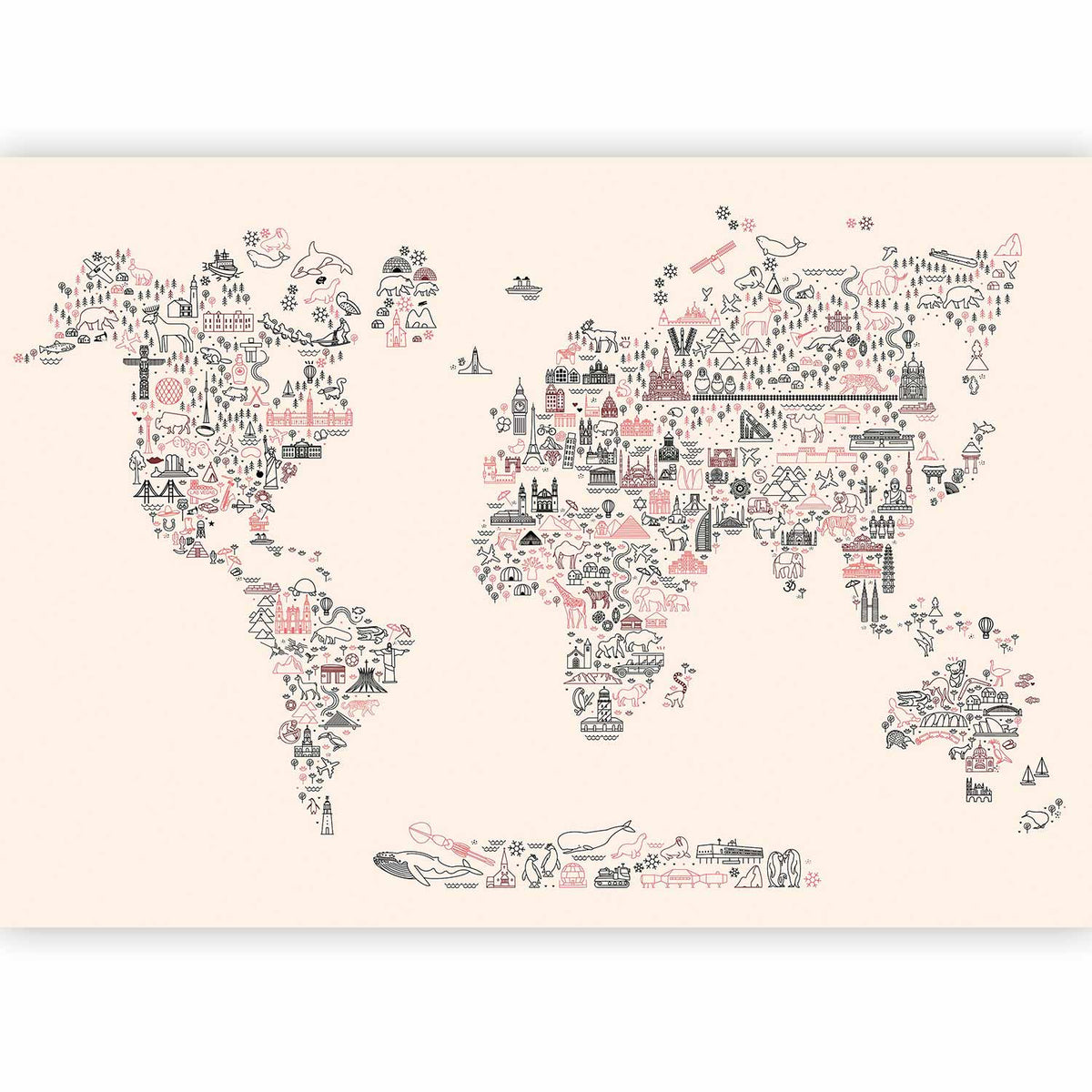 Fotobehang Map With Icons - Cartoon Representation of the World in Pastel Colours