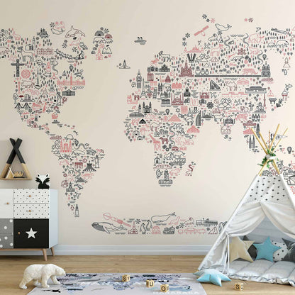 Fotobehang Map With Icons - Cartoon Representation of the World in Pastel Colours