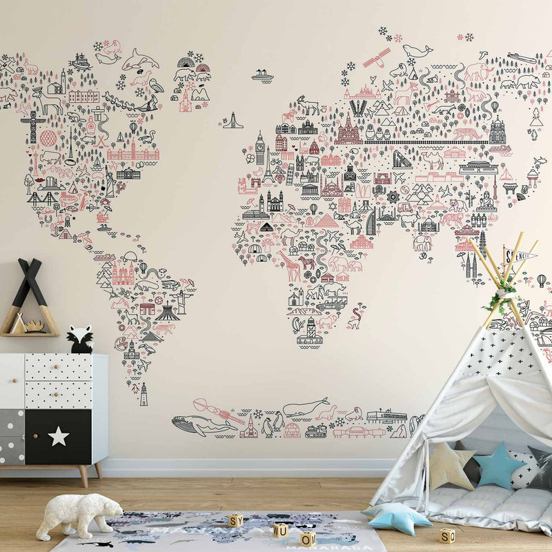 Fotobehang Map With Icons - Cartoon Representation of the World in Pastel Colours