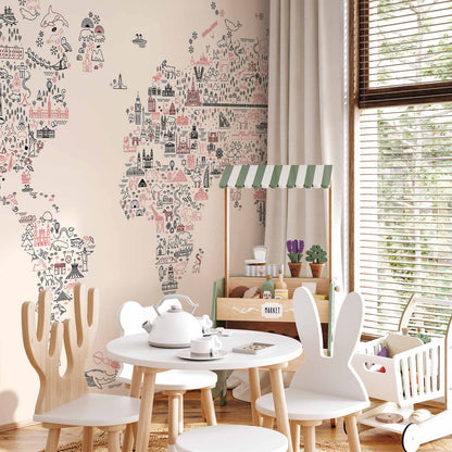Fotobehang Map With Icons - Cartoon Representation of the World in Pastel Colours