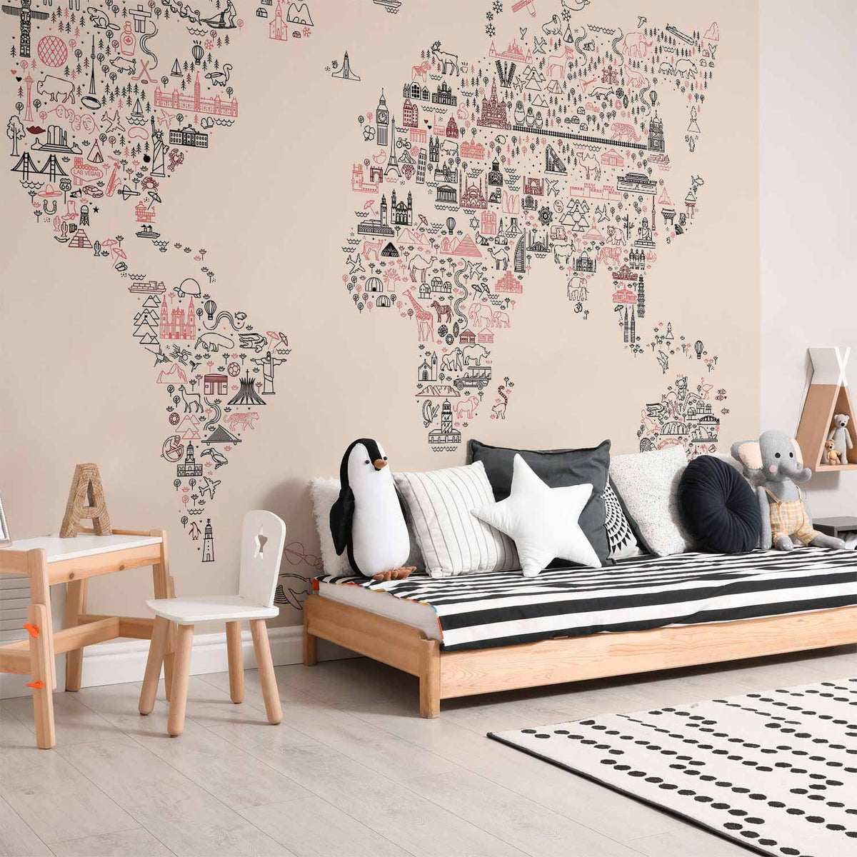 Fotobehang Map With Icons - Cartoon Representation of the World in Pastel Colours