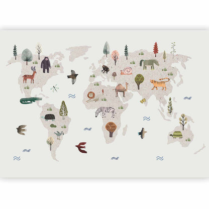 Fotobehang Beige World - Continents With Animals in Muted Colours