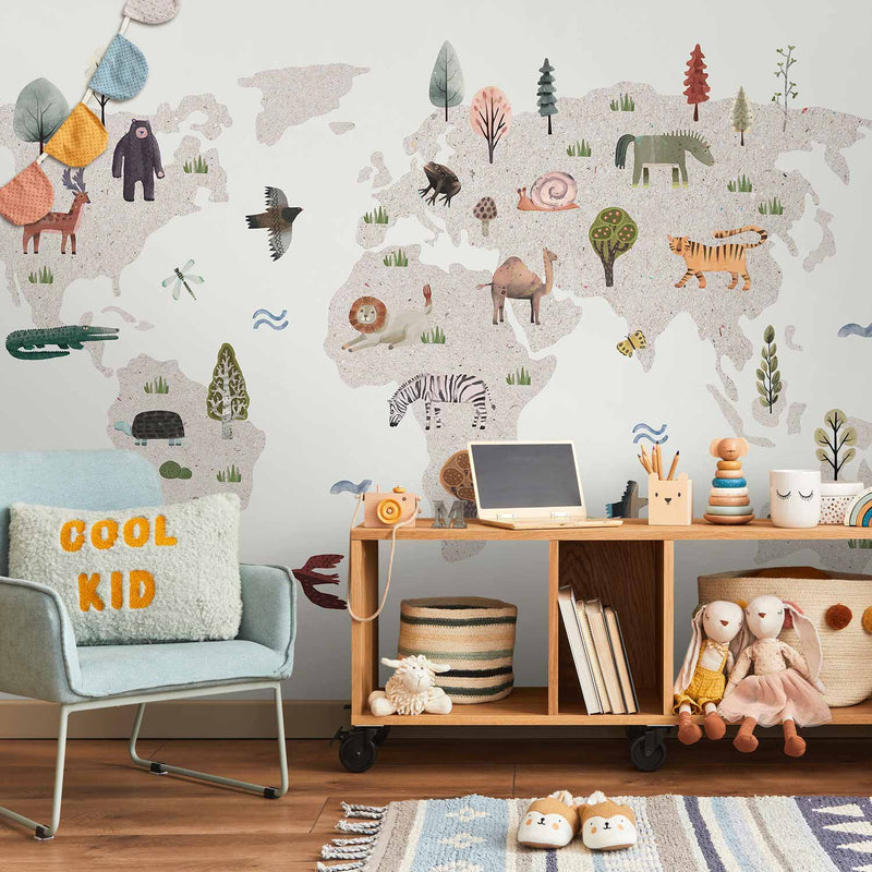 Fotobehang Beige World - Continents With Animals in Muted Colours