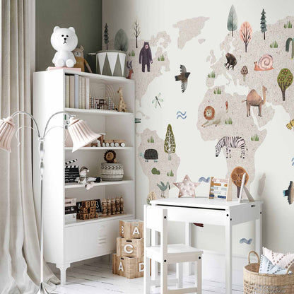 Fotobehang Beige World - Continents With Animals in Muted Colours