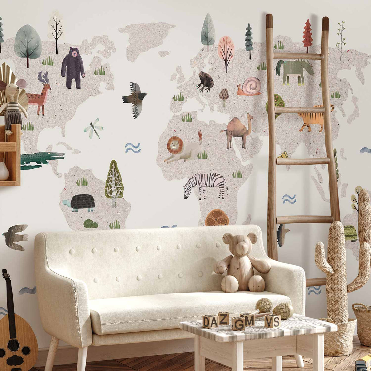 Fotobehang Beige World - Continents With Animals in Muted Colours
