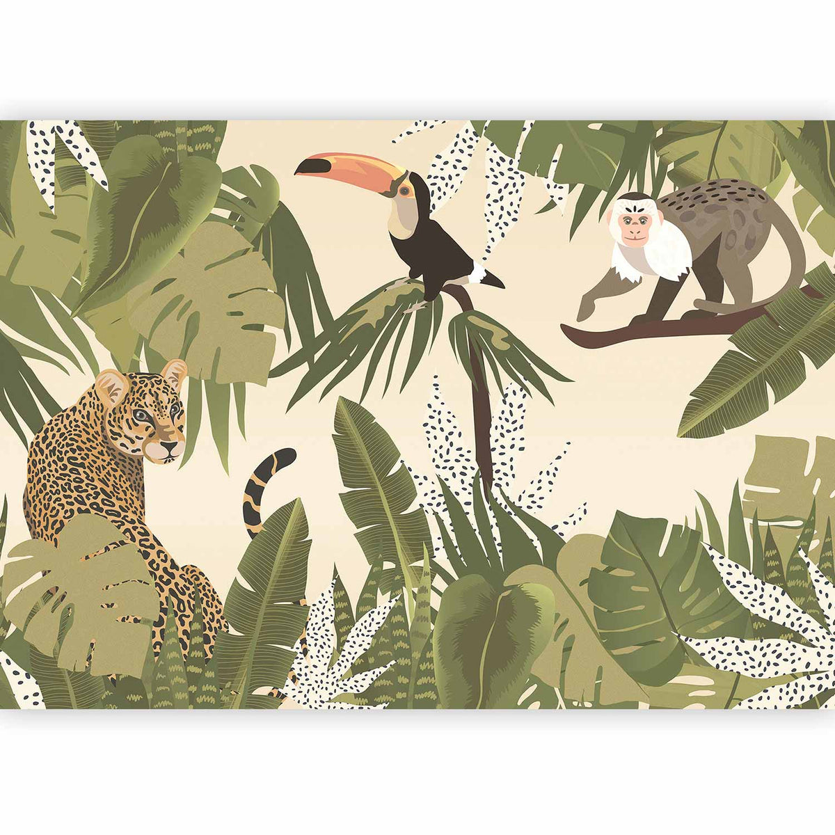 Fotobehang Leaves and Shapes - Jungle in Faded Colours With Animals