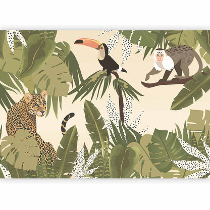Fotobehang Leaves and Shapes - Jungle in Faded Colours With Animals