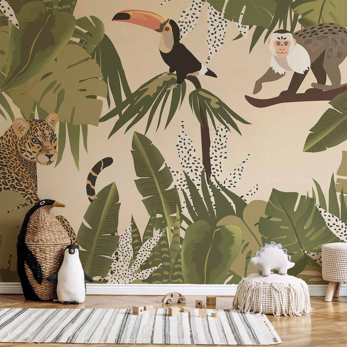 Fotobehang Leaves and Shapes - Jungle in Faded Colours With Animals