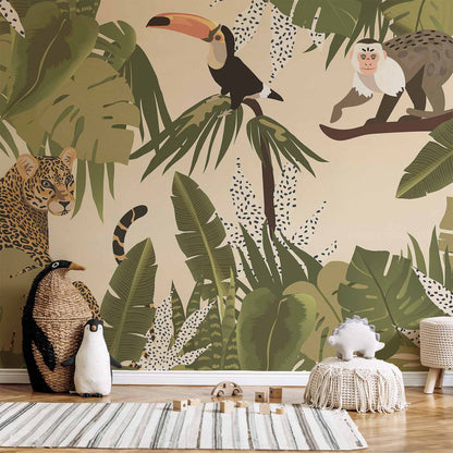 Fotobehang Leaves and Shapes - Jungle in Faded Colours With Animals