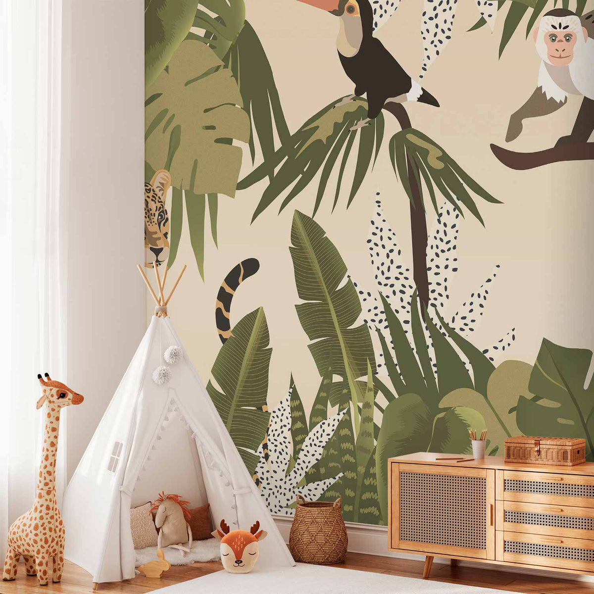 Fotobehang Leaves and Shapes - Jungle in Faded Colours With Animals