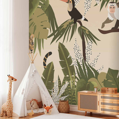 Fotobehang Leaves and Shapes - Jungle in Faded Colours With Animals